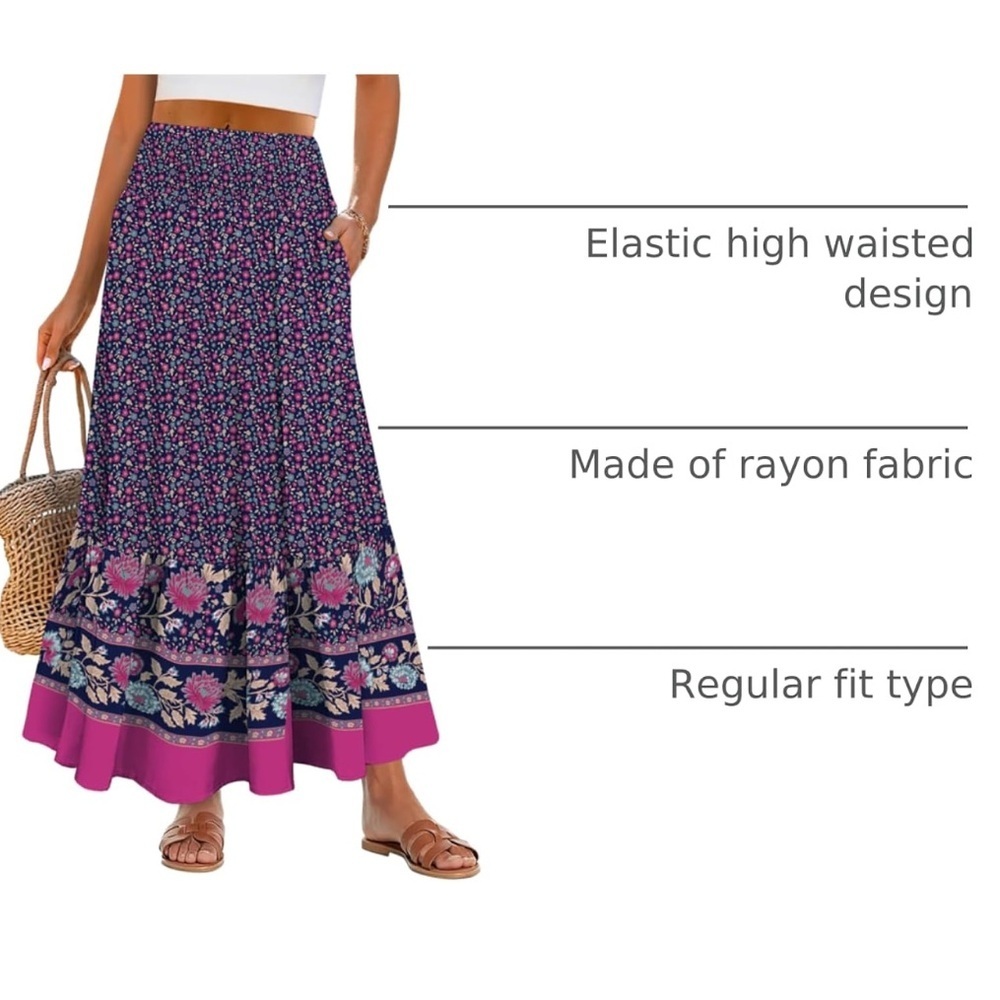 ANRABESS Women's Boho Maxi Skirt - Navy w/Floral Print, Size L NWT - Picture 2 of 7